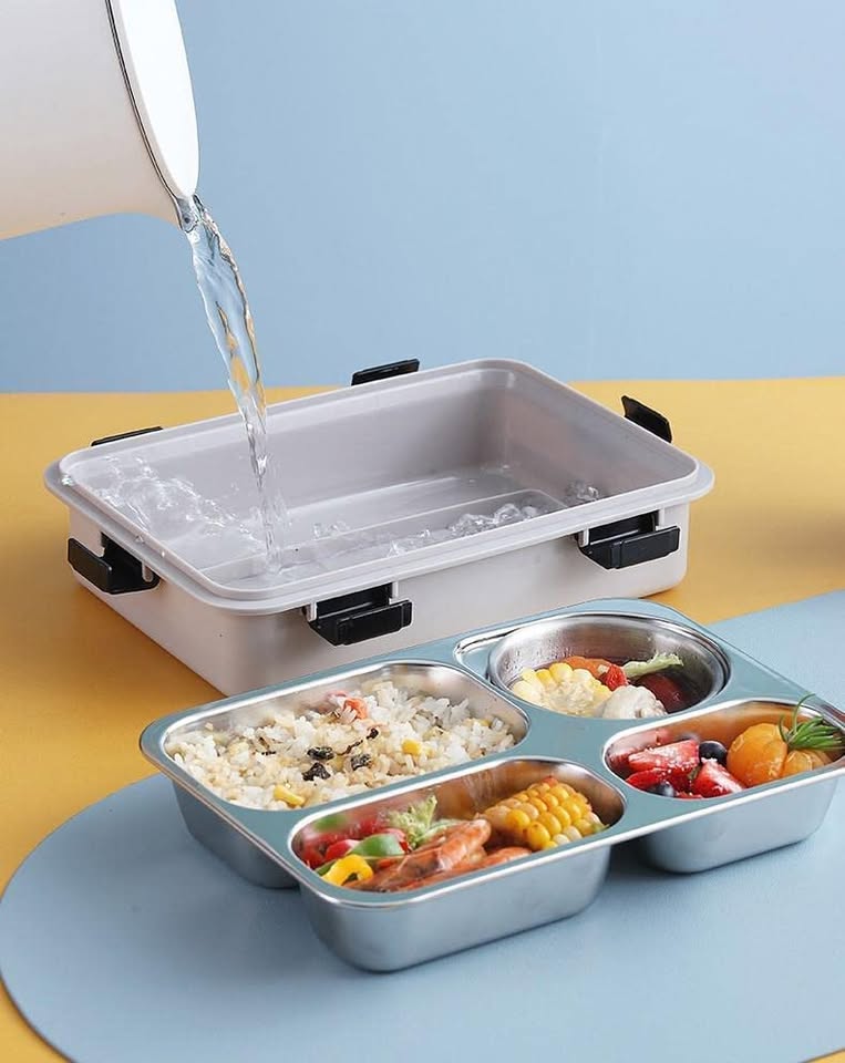 Stainless Steel 4 Compartment Lunch Box With Spoon & Chopsticks