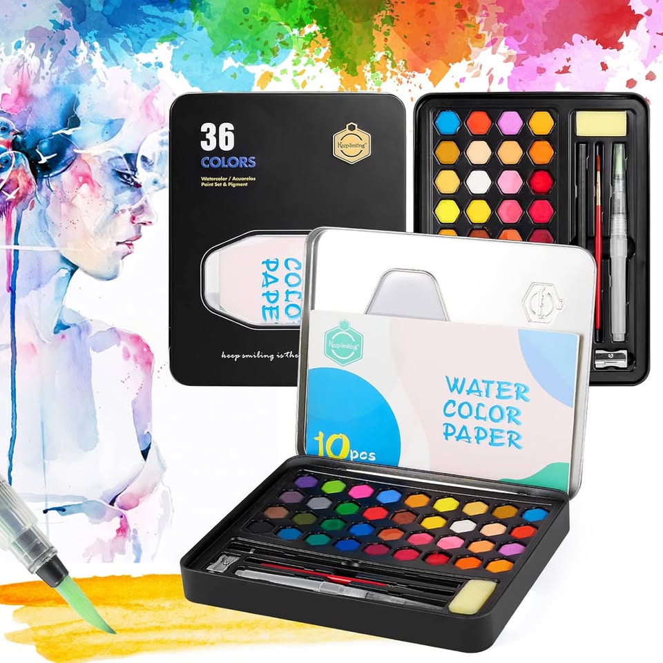 36Pcs Solid Water Colors Tin Box