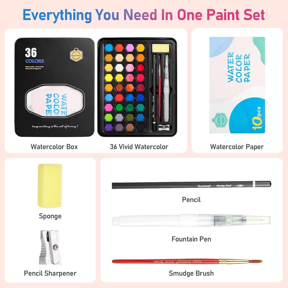 36Pcs Solid Water Colors Tin Box