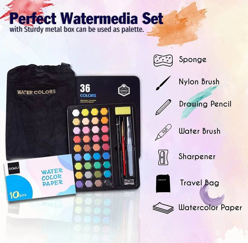 36Pcs Solid Water Colors Tin Box