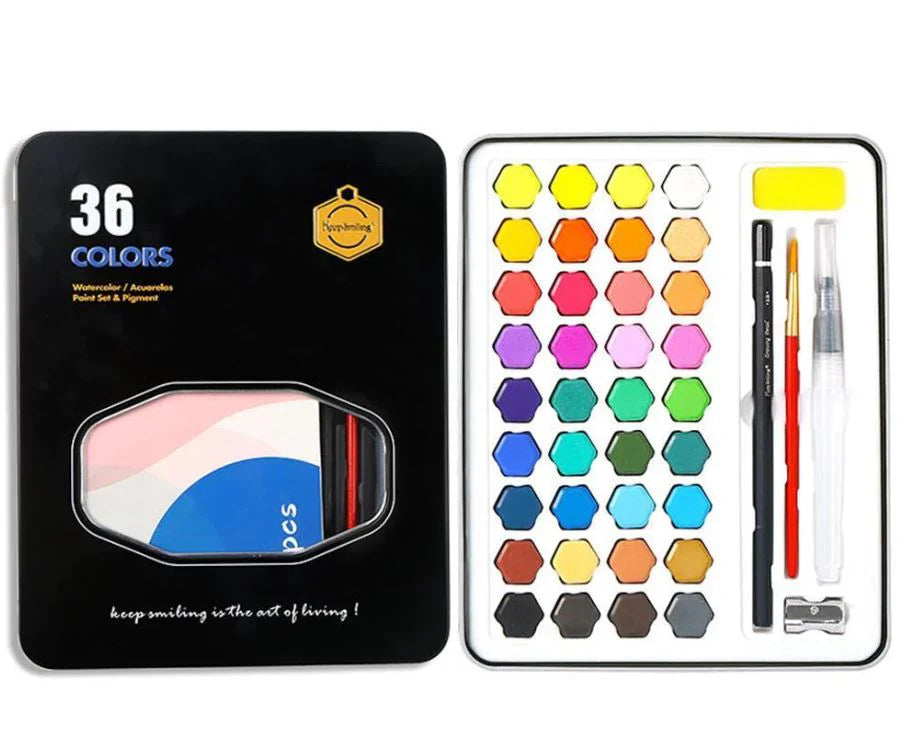 36Pcs Solid Water Colors Tin Box