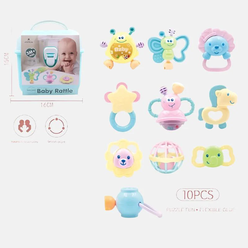10Pcs Premium Baby Animal Rattles & Teether Set - Blue