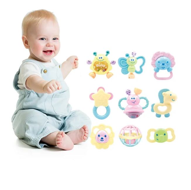 10Pcs Premium Baby Animal Rattles & Teether Set - Blue