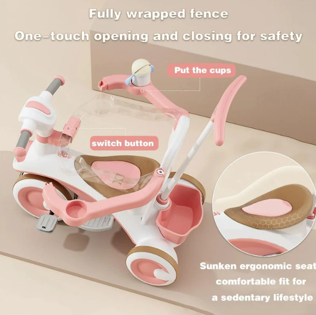 Kids 2in1 Stroller Tricycle With Canopy - Pink