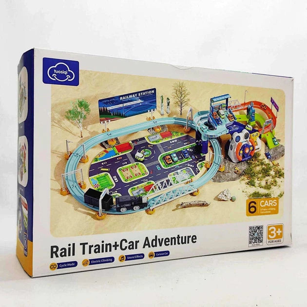 Kids Rail Train & Car Adventure Track Set With 6Pcs Cars