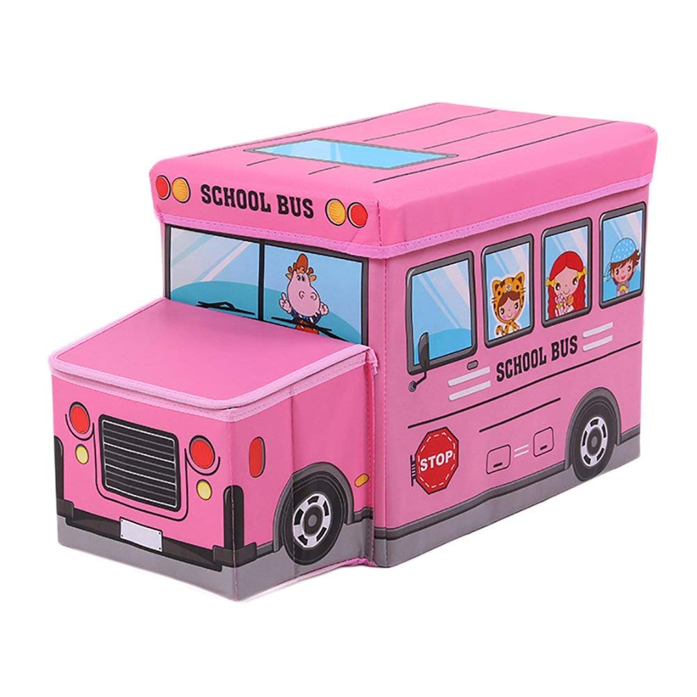 Kids Foldable Storage Box - School Bus Design Pink