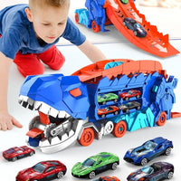 2in1 Foldable Dinosaur Transport Truck With 2Pcs Alloy Cars