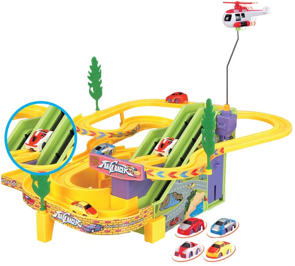 Track Racer Race Cars Playset with Helicopter