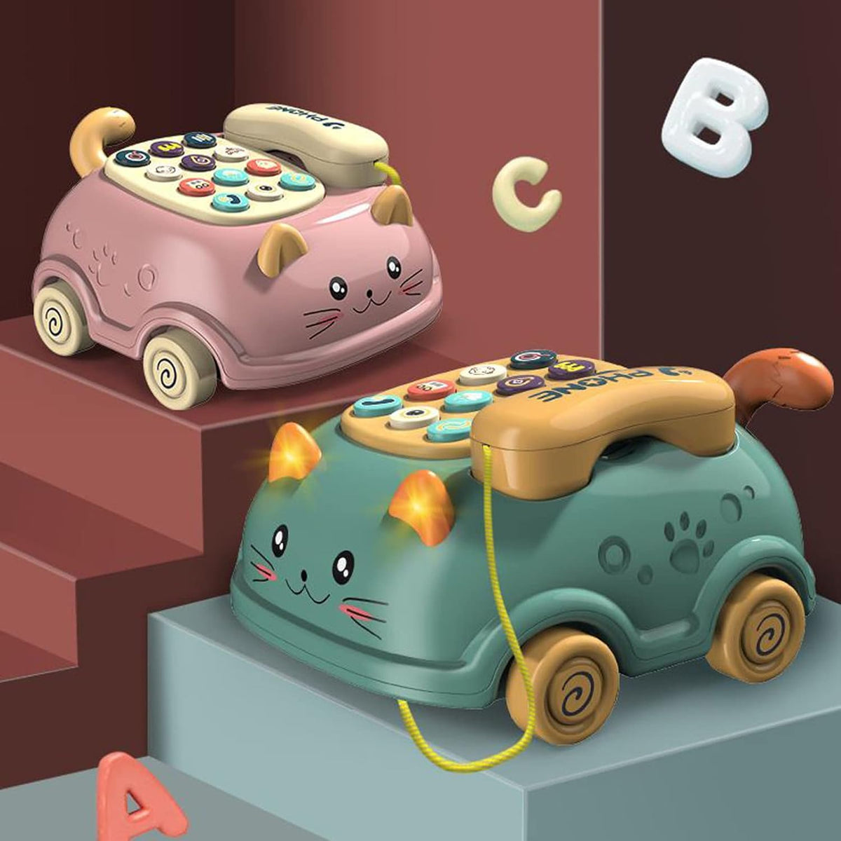 Cat Design Pull Along Musical Telephone Car For Kids