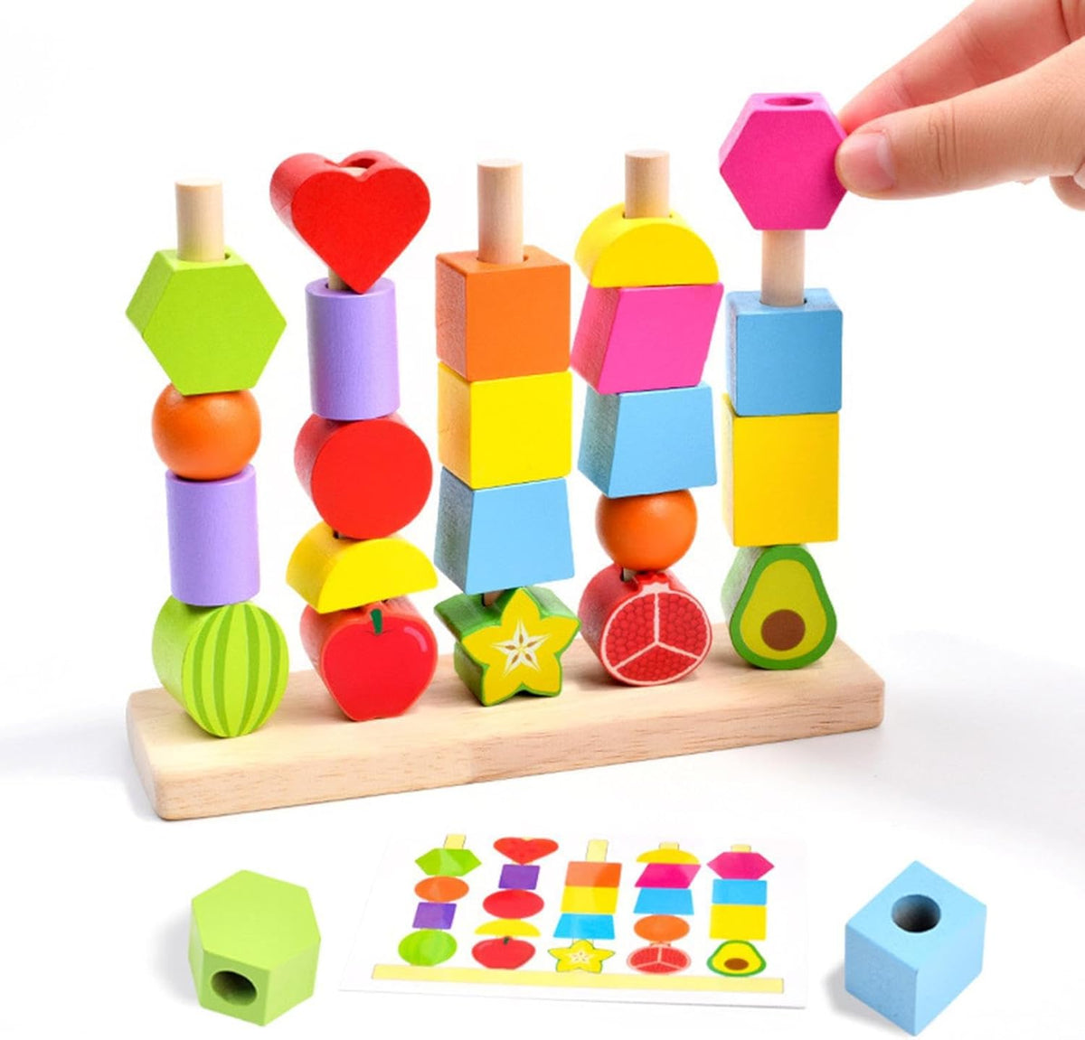 Wooden Montessori Shapes & Fruits Lacing Beads Set