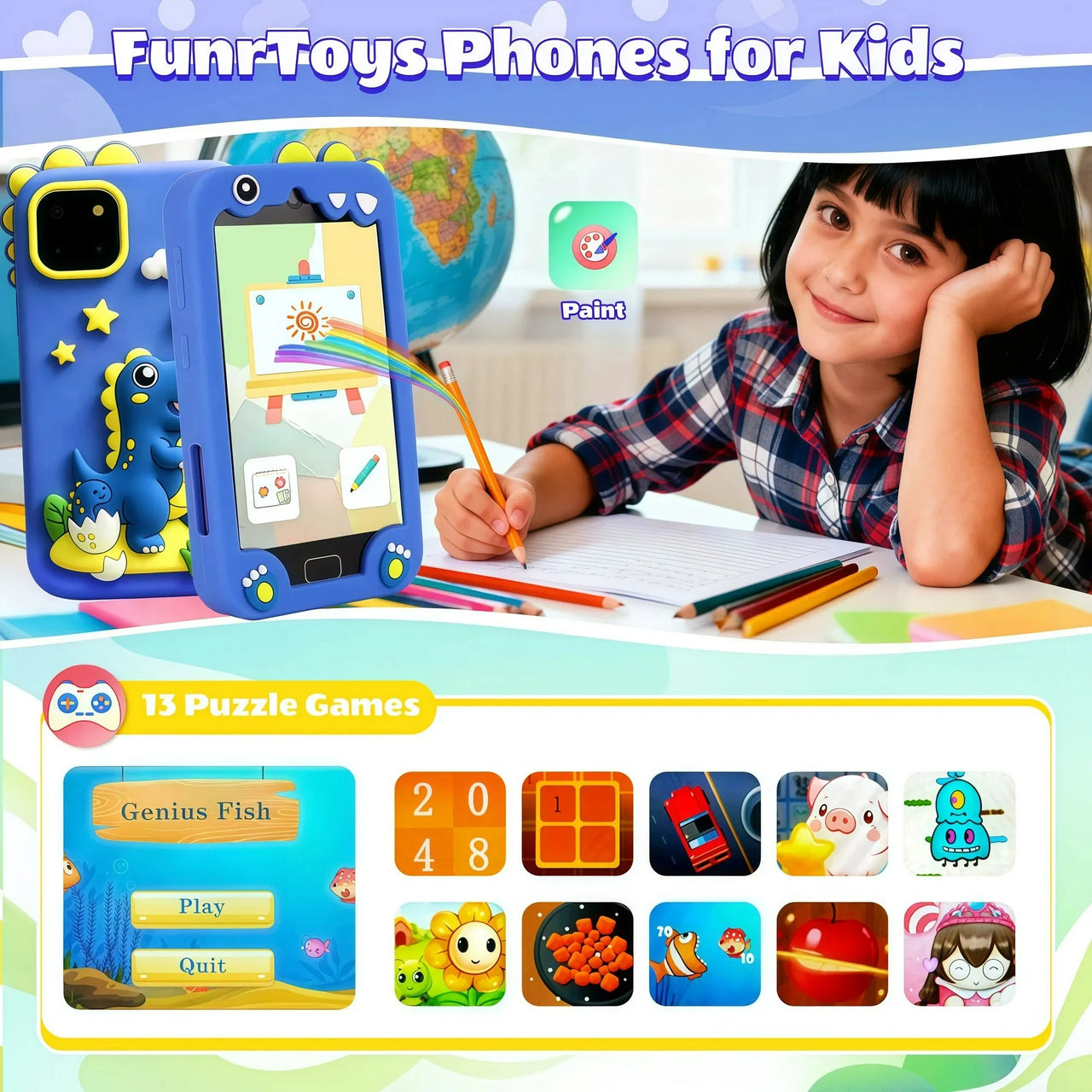 Kids High Quality Dual Camera Digital Touch Phone - Dinosaur