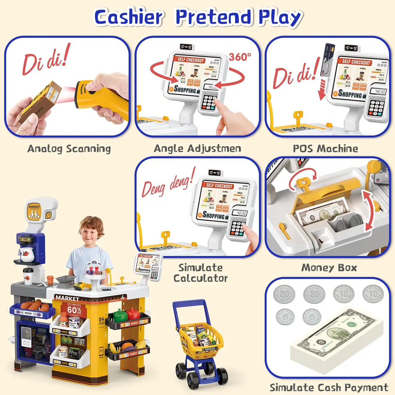 64Pcs Pretend Play Cash Register Super Market Toy