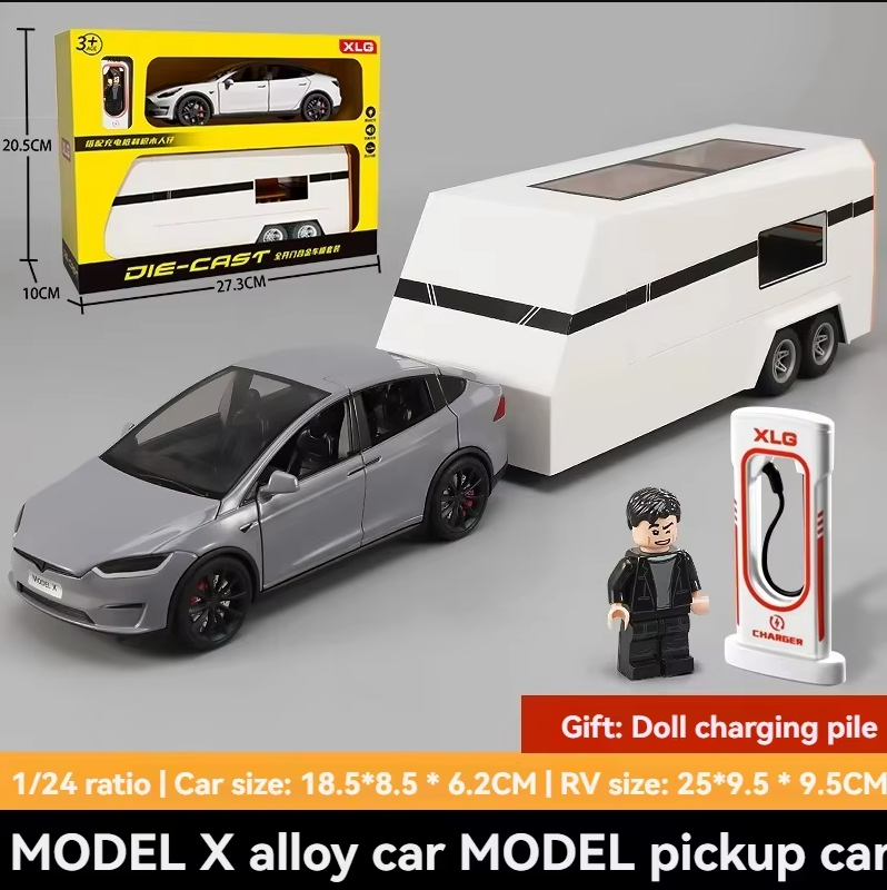 1:24 Diecast Tesla Model X With Trailer & Miniature
