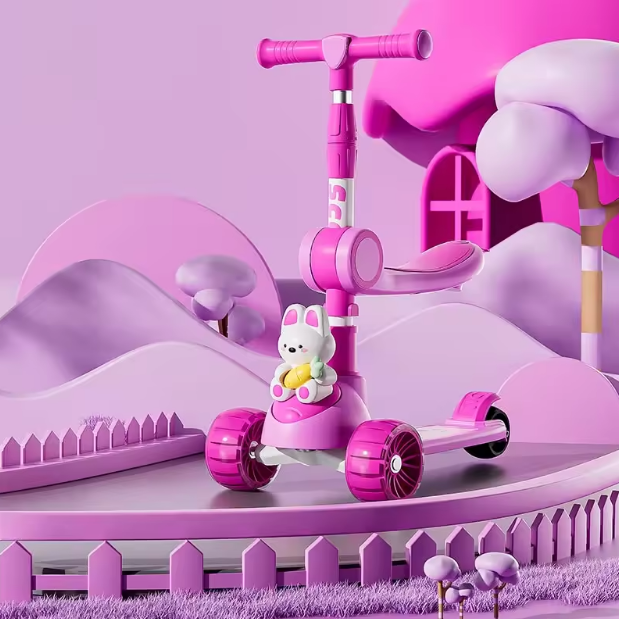 Rabbit Design Foldable Kids Scooter With LED Lights - Pink