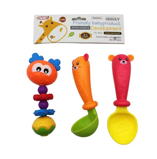 Soft Plastic Animal Design Baby Spoon & Rattle - 3Pcs