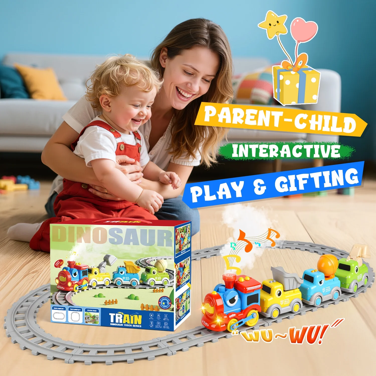 17Pcs Kids Dinosaur Train track Set With Smoke