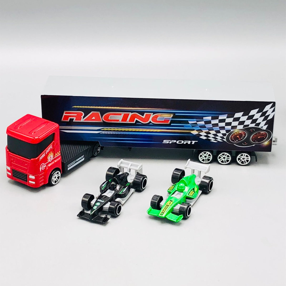 Diecast Fire Department Truck With Racing Cars
