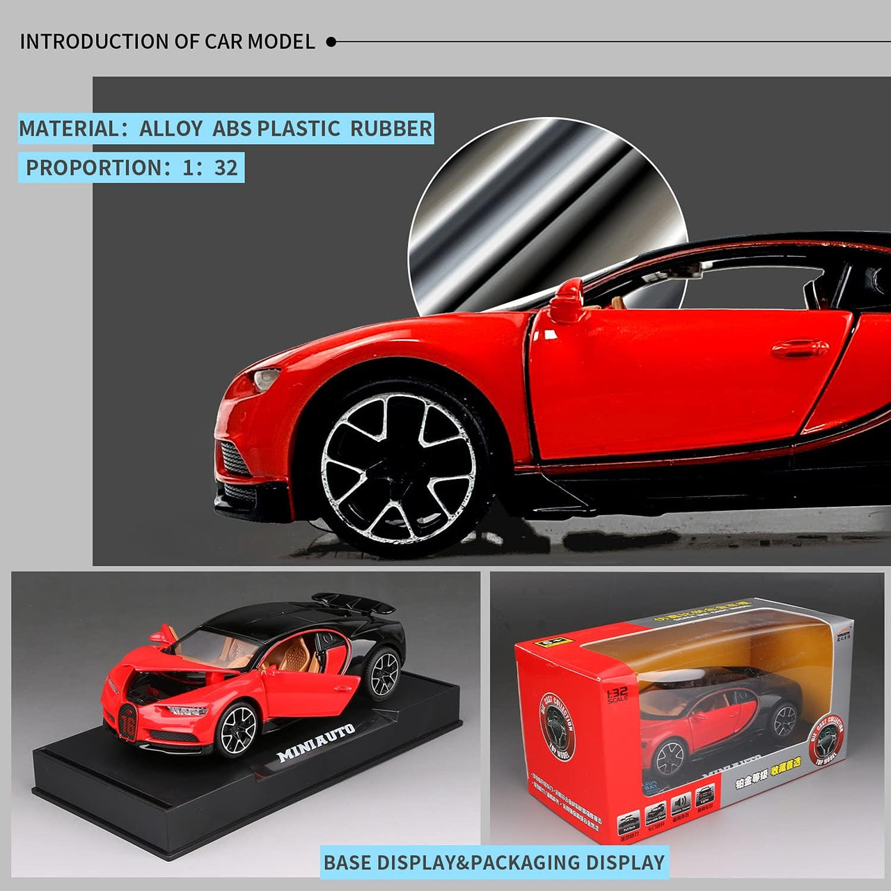 1:32 Diecast Bugatti Chiron Model With Acrylic Display Box - Red