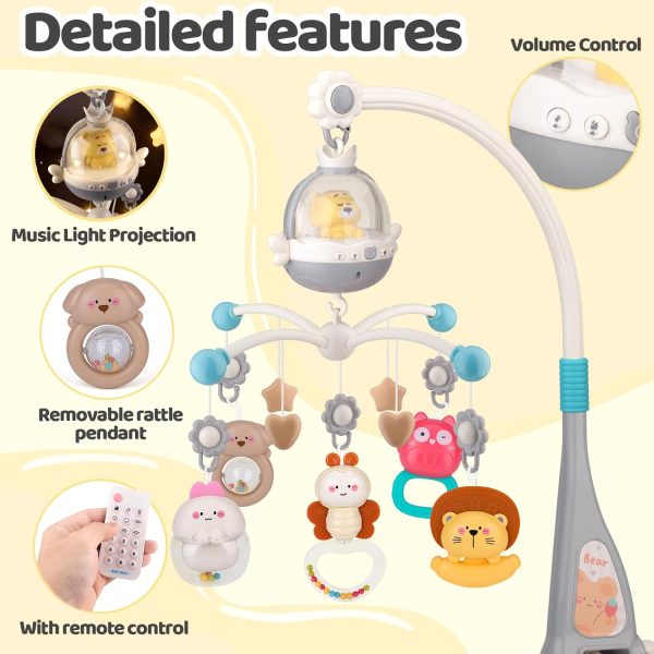 Remote Control Baby Projection Hanging Bed Bell Toy - Gray