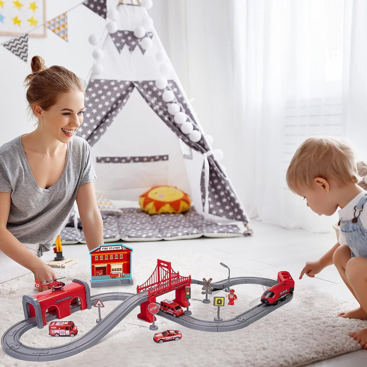 66Pcs  DIY Electric Fire Rescue Train Track Set