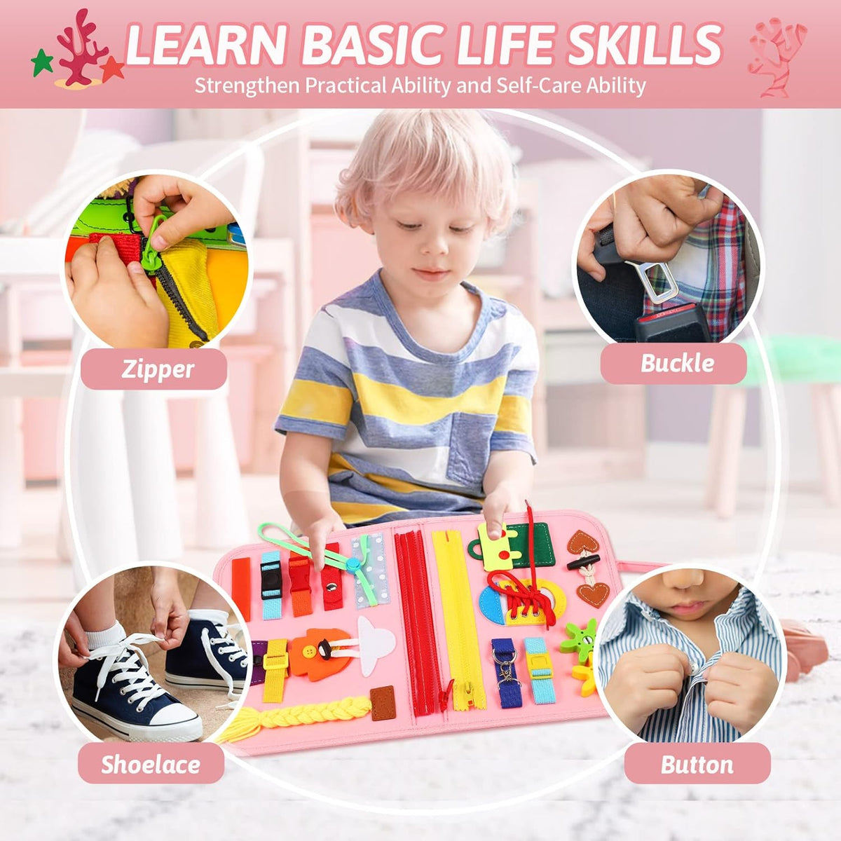 Montessori 8 Pages Multi-functional Activity Busy Book - Pink