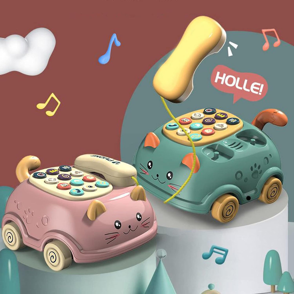 Cat Design Pull Along Musical Telephone Car For Kids