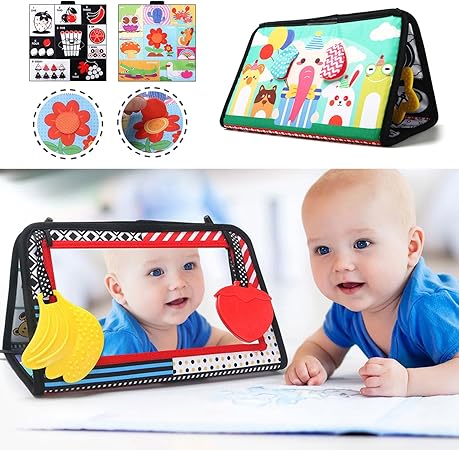 Baby Tummy Time Mirror Cloth Book With Teether