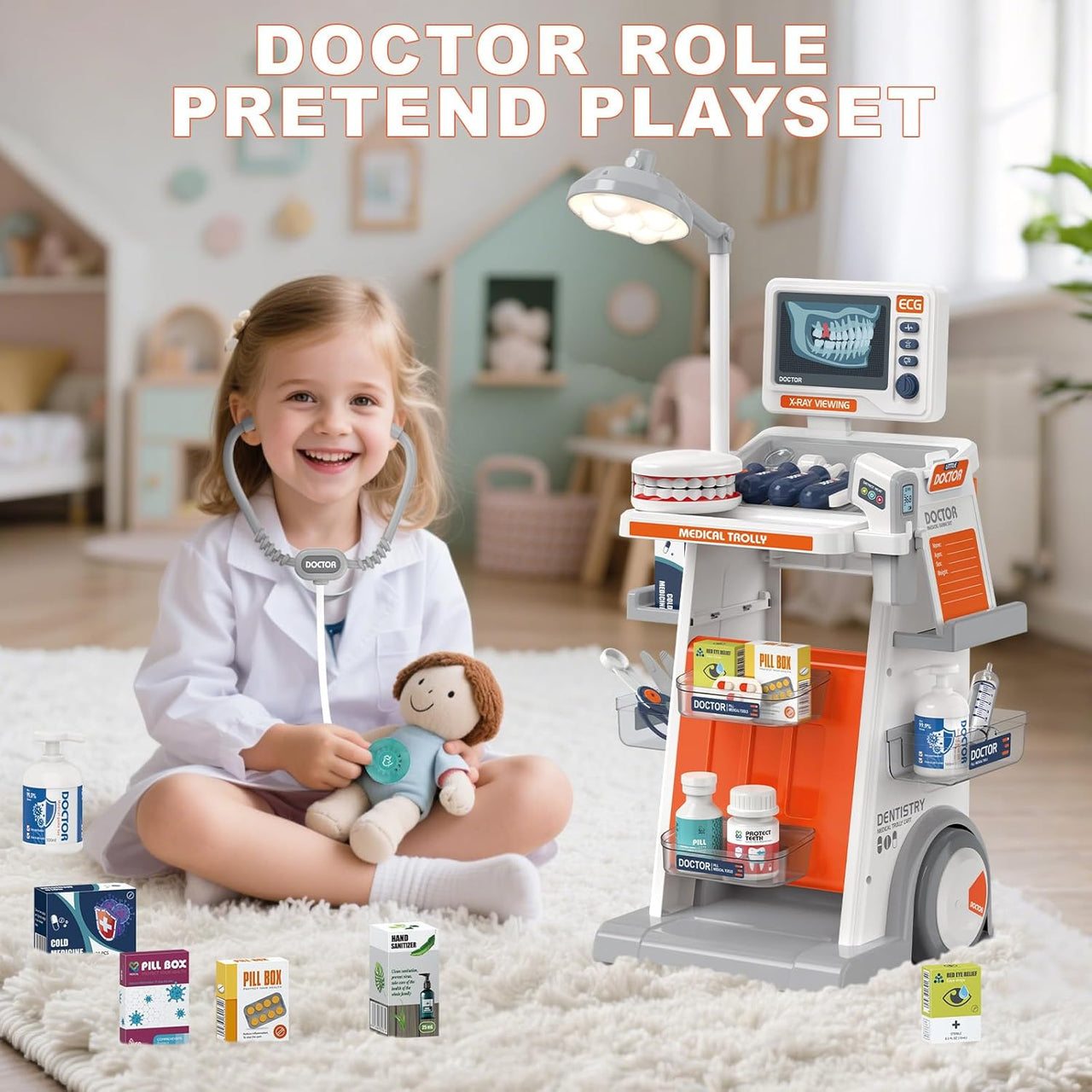 30Pcs Kids Dentist Medical Trolley With Light & Sound