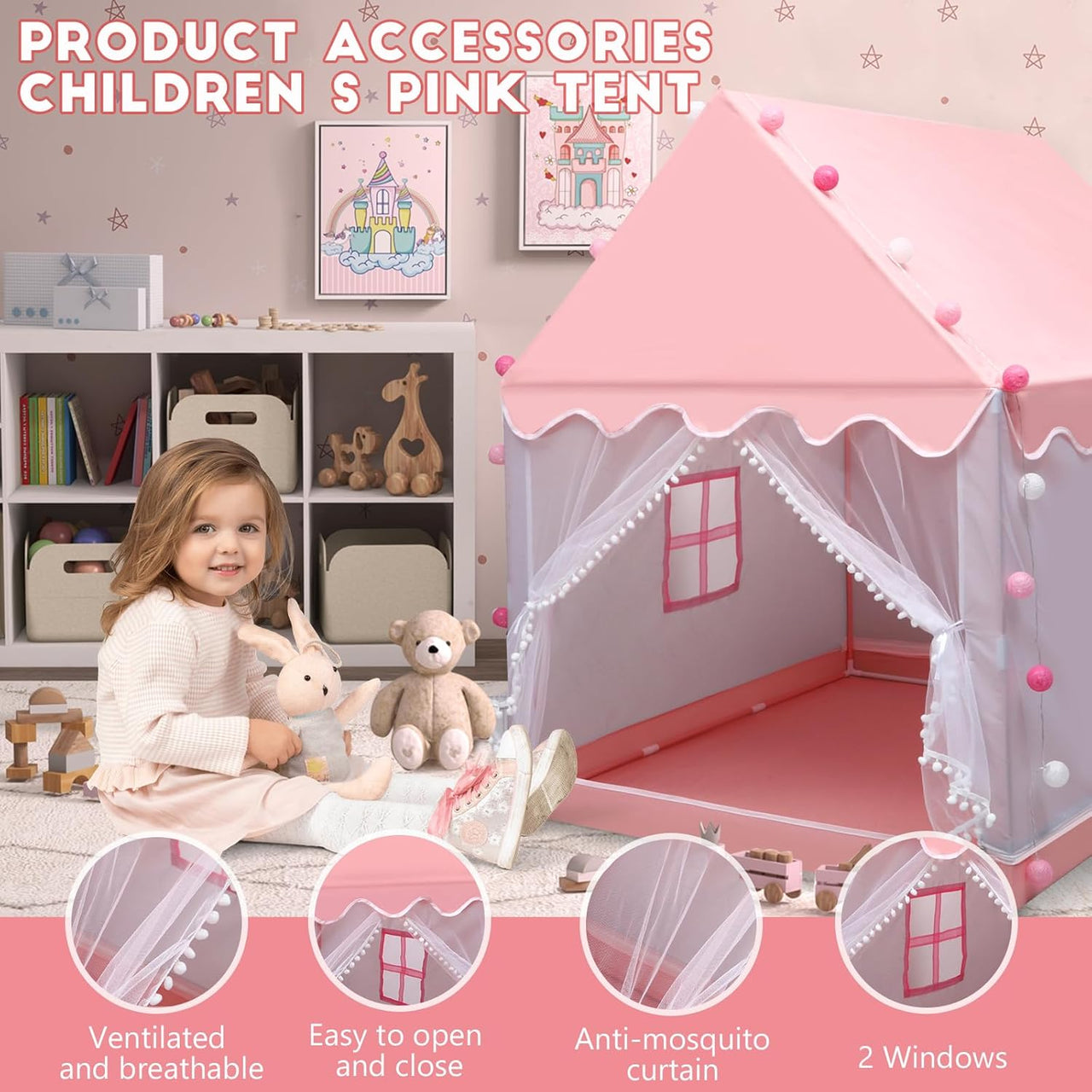 Princess Castle Play Tent House With Ocean Ball Lights - Pink