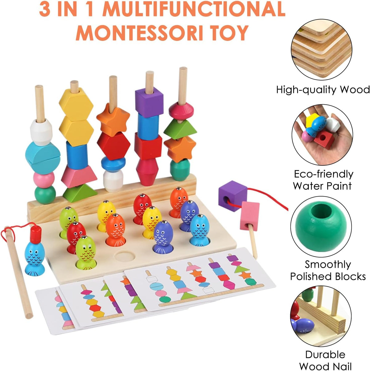 Wooden Montessori Five Sets Of Pillars & Fishing Game