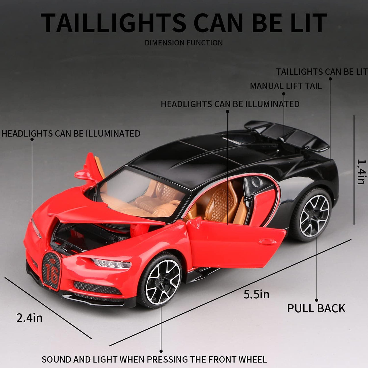1:32 Diecast Bugatti Chiron Model With Acrylic Display Box - Red