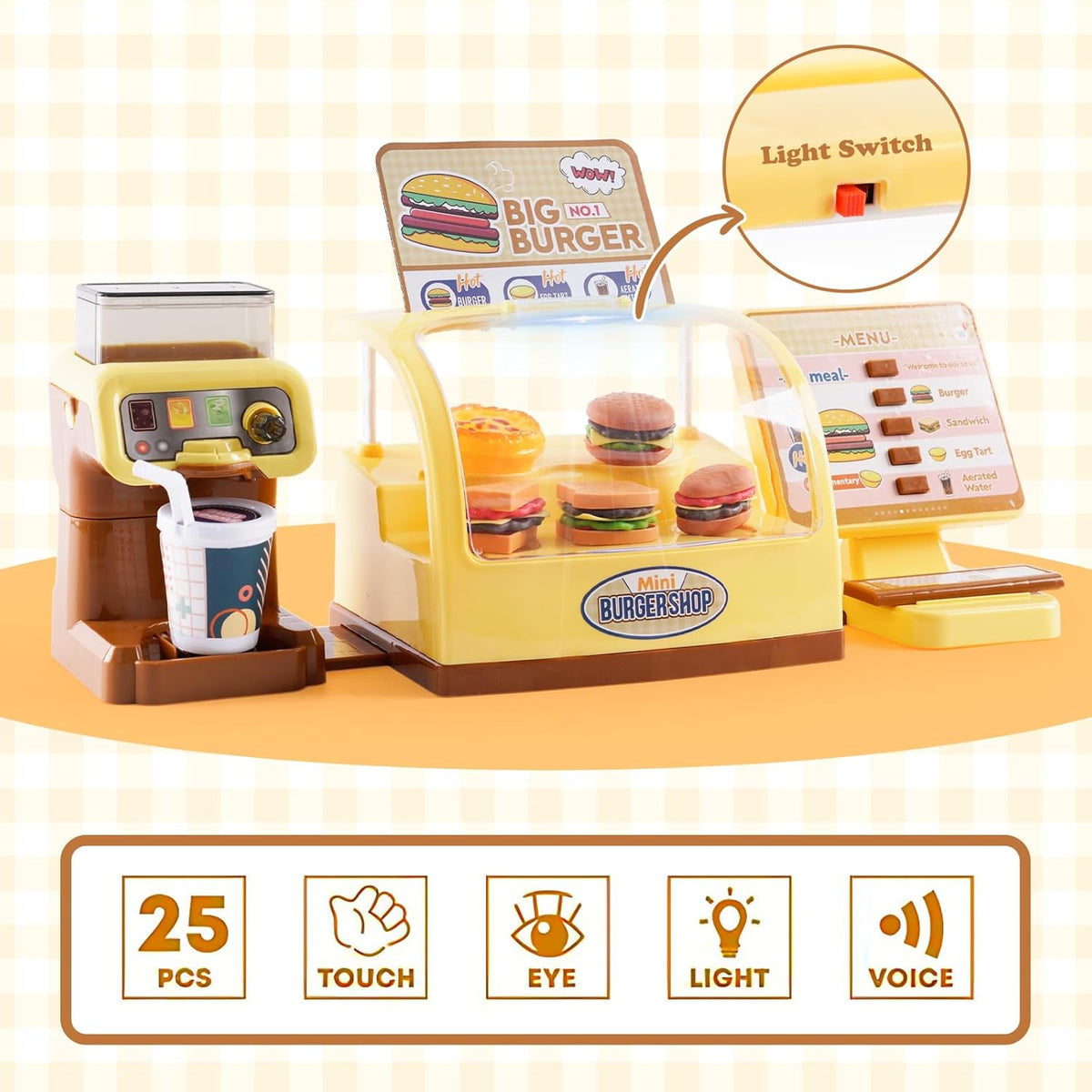 25Pcs Pretend Play Burger Shop With Coffee Machine