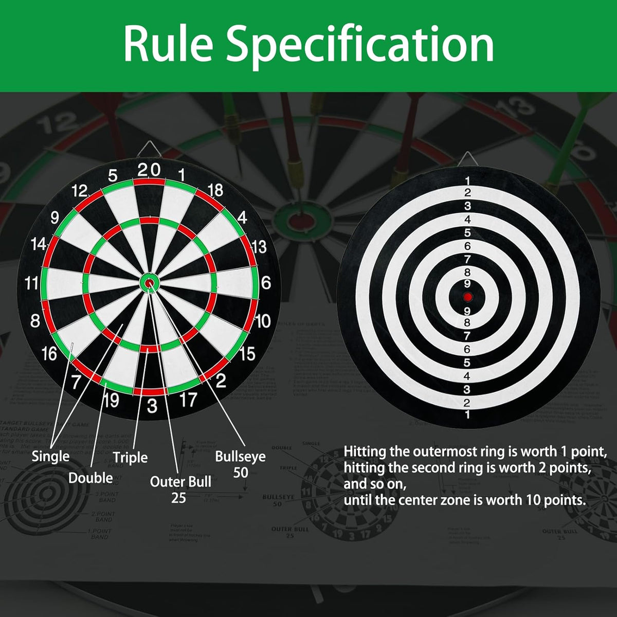 15" Professional & Leisure Double-Sided Dart Board - 6 Steel Tip Darts