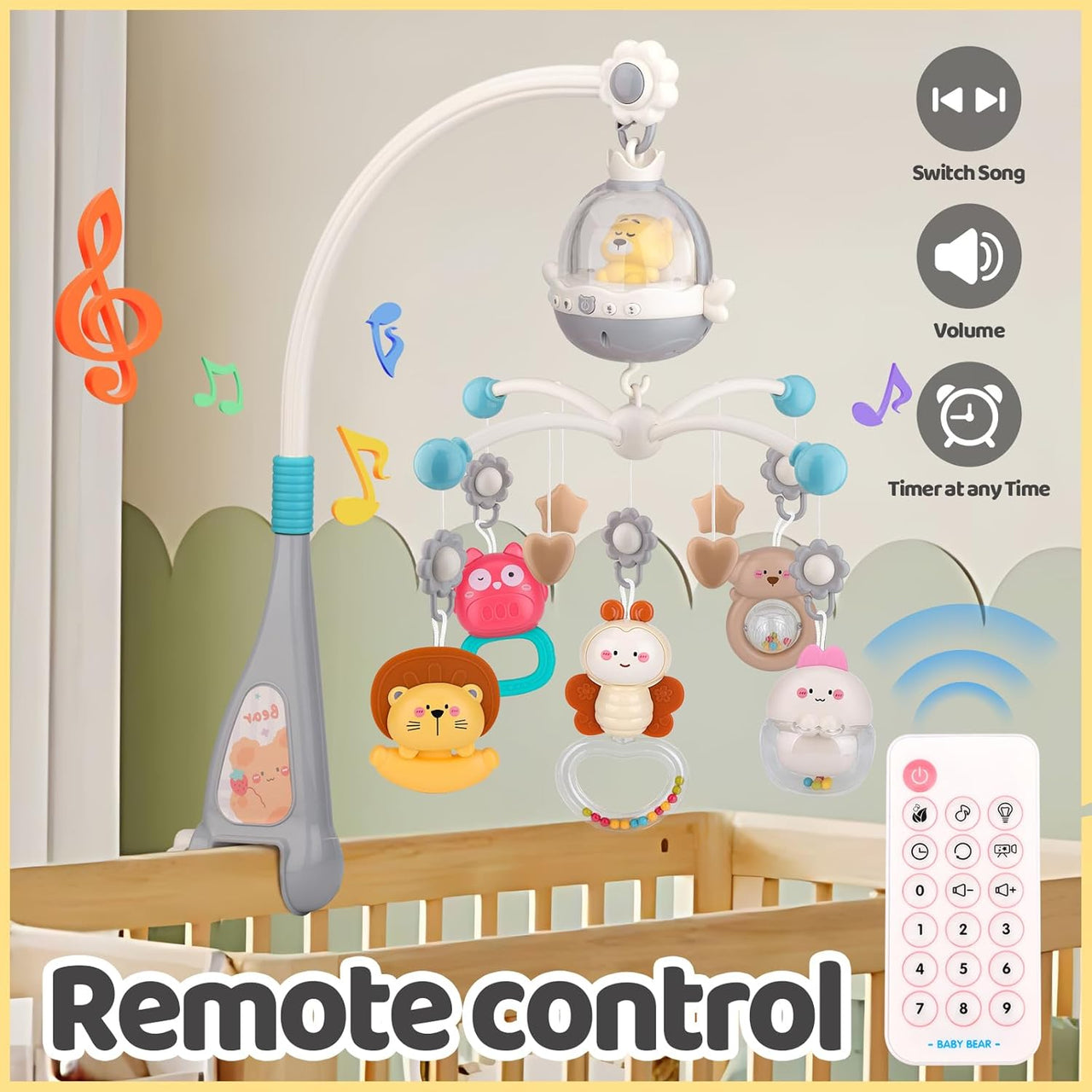 Remote Control Baby Projection Hanging Bed Bell Toy - Gray