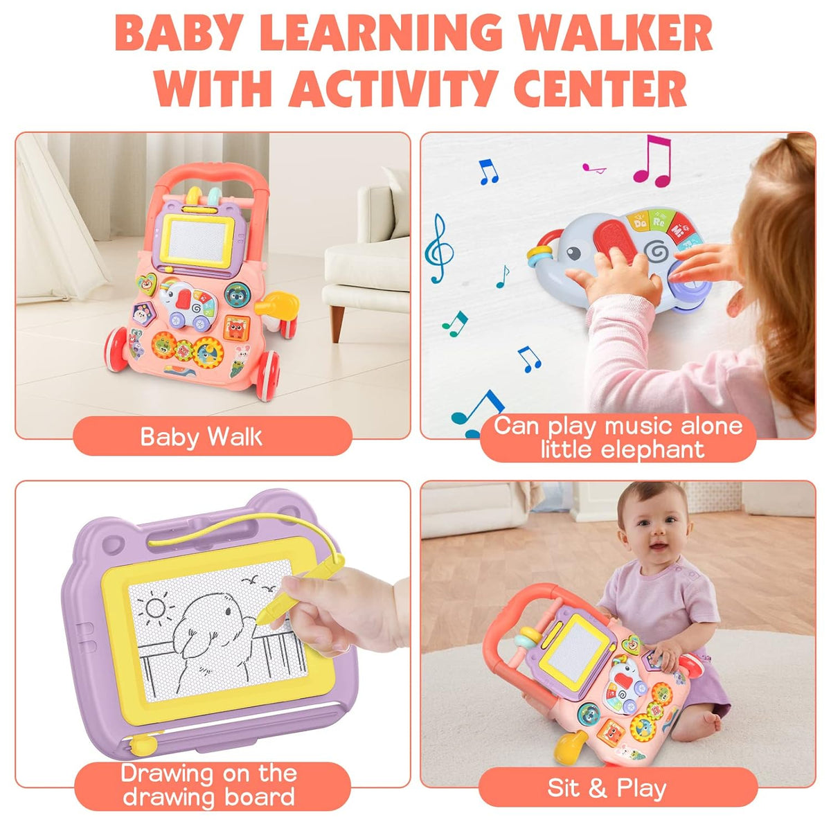 Huanger Baby Musical Walker With Dazzling Lights -  Pink