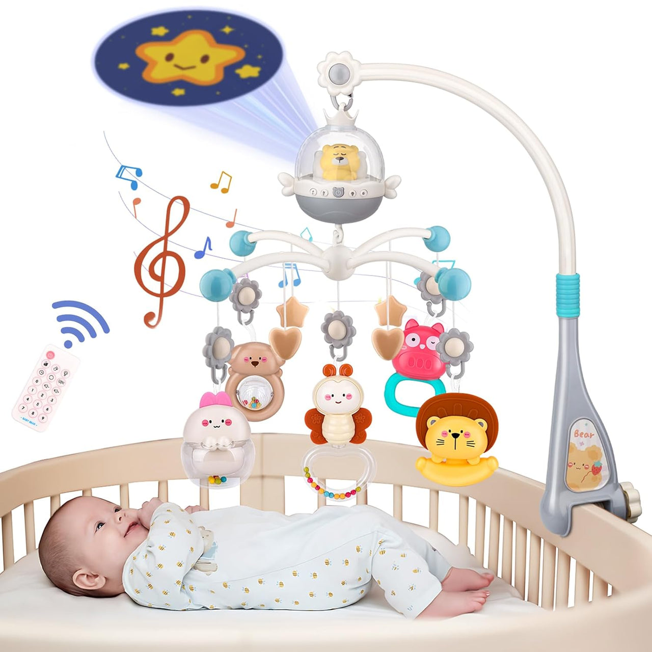 Remote Control Baby Projection Hanging Bed Bell Toy - Gray