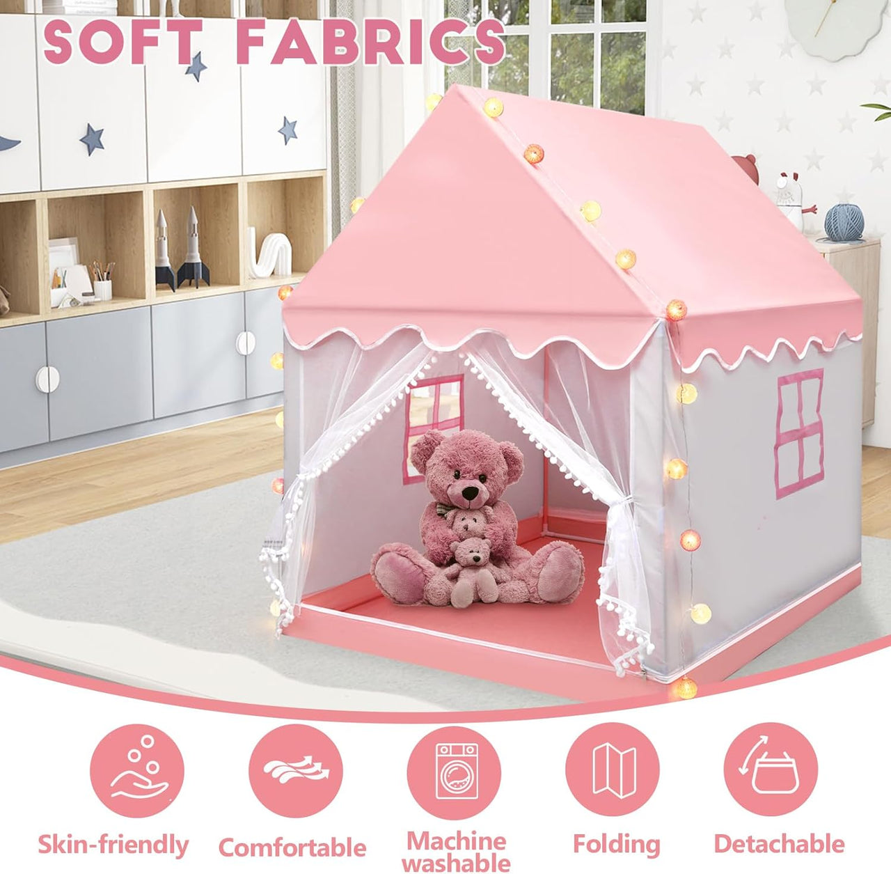 Princess Castle Play Tent House With Ocean Ball Lights - Pink