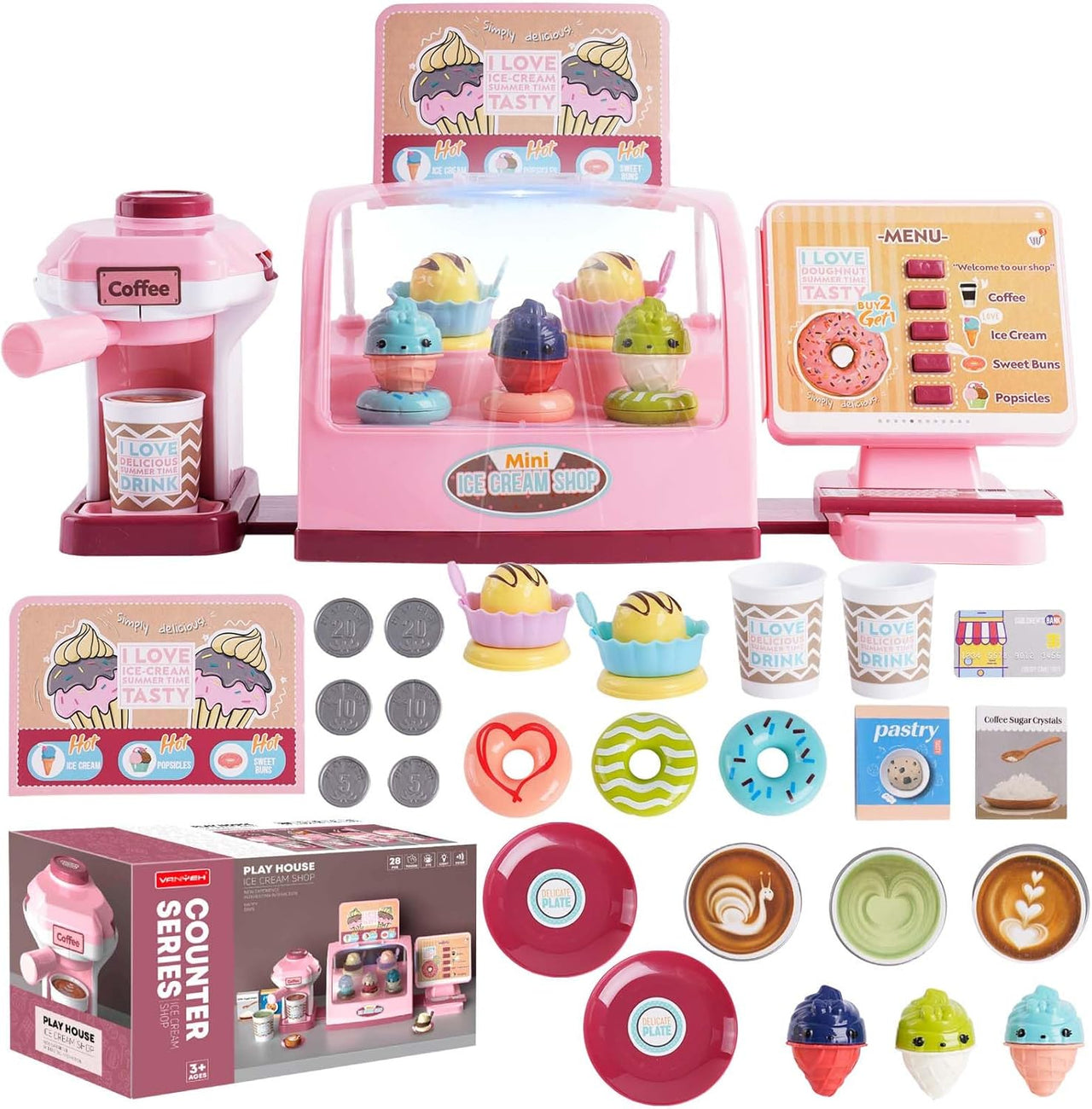 28Pcs Pretend Play Ice-Cream Shop With Coffee Maker