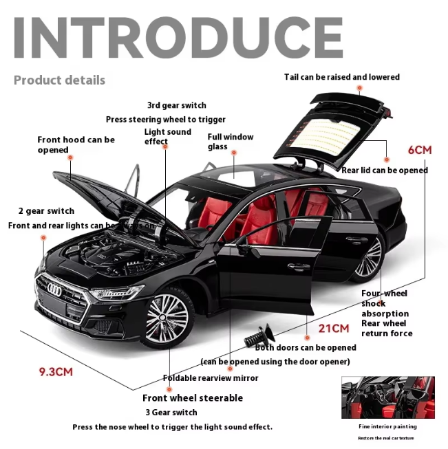 1:24 Diecast Audi A7 Model Car With Headlights