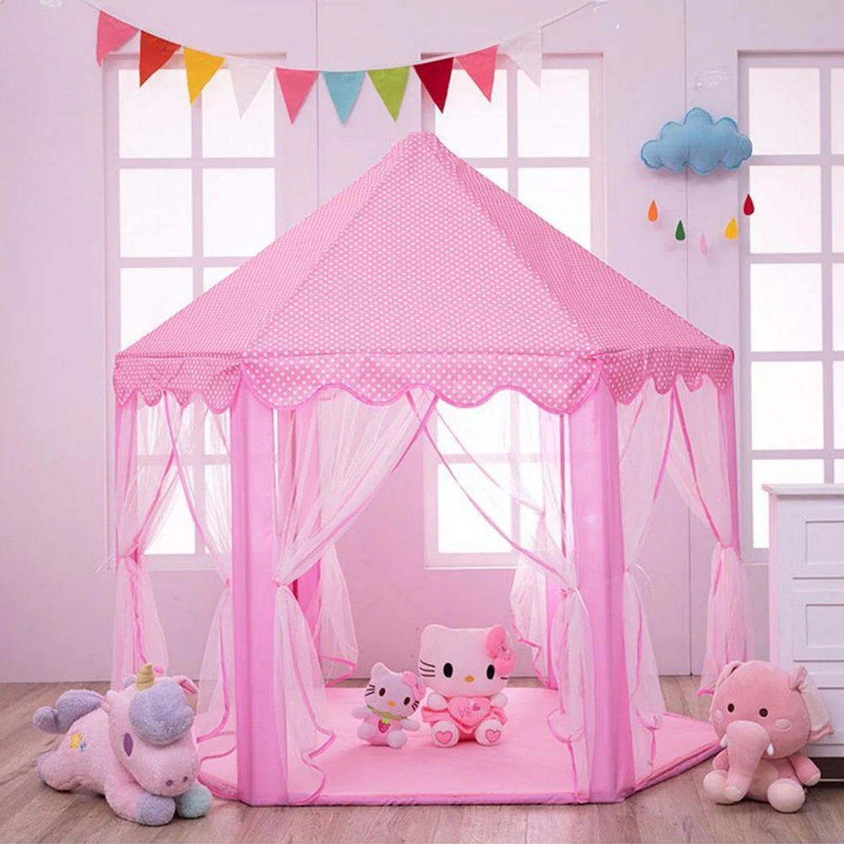 Princess Castle Play Tent House With Fairy Lights - Pink