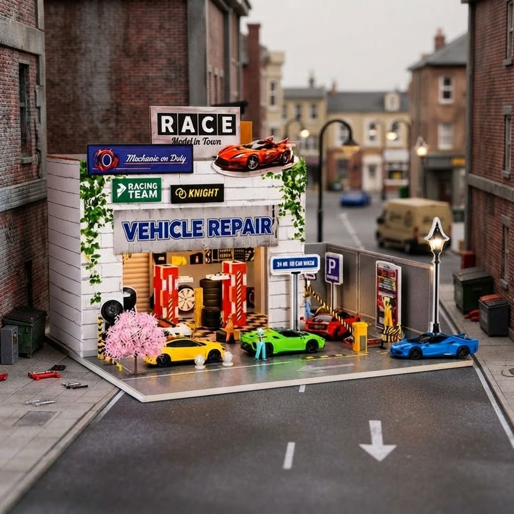 DIY Miniature Repair Shop With 4Pcs Alloy Cars