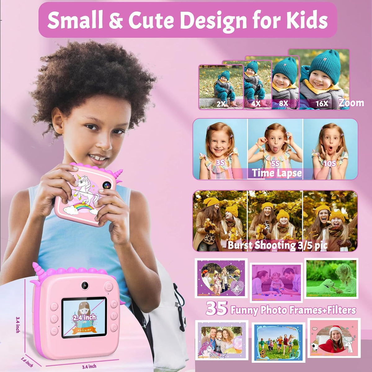Kids Dual Lens Unicorn Instant Digital Printing Camera
