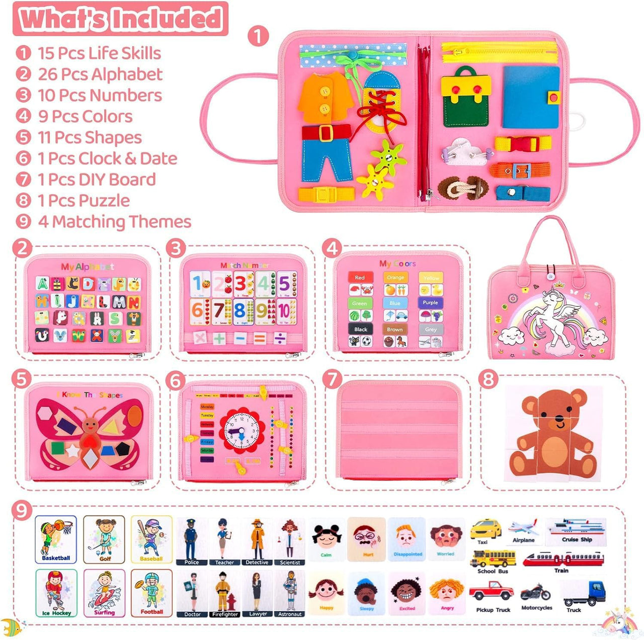 Montessori Unicorn 8 Pages Multi-functional Activity Busy Book