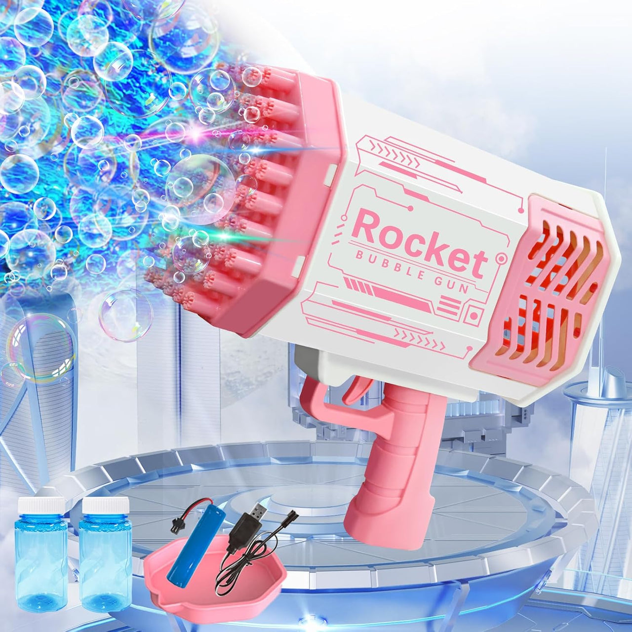 69 Holes Rechargeable Bazooka Colorful Bubble Gun