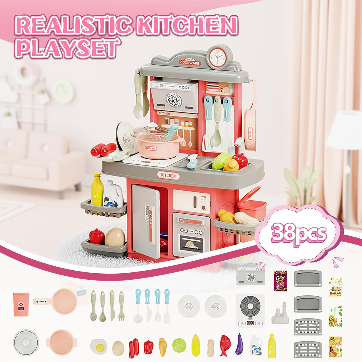 38Pcs DIY Mini Kitchen Play House Set - Pink