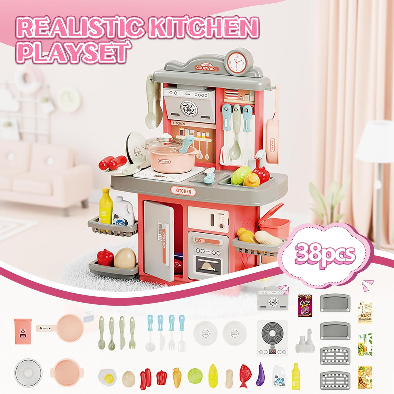38Pcs DIY Mini Kitchen Play House Set - Pink