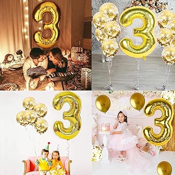 16" Gold Number 3 Foil Balloon - 10Pcs