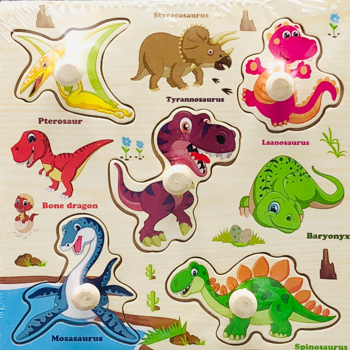 Wooden Dinosaur Themed Puzzle Board With Knobs