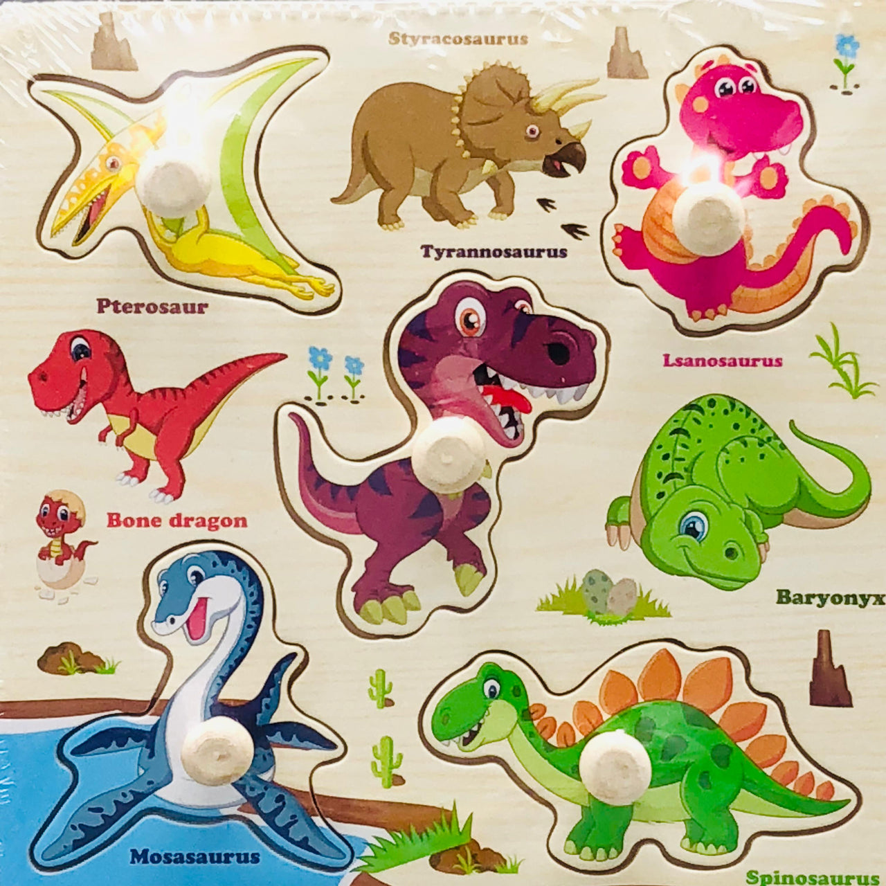 Wooden Dinosaur Themed Puzzle Board With Knobs