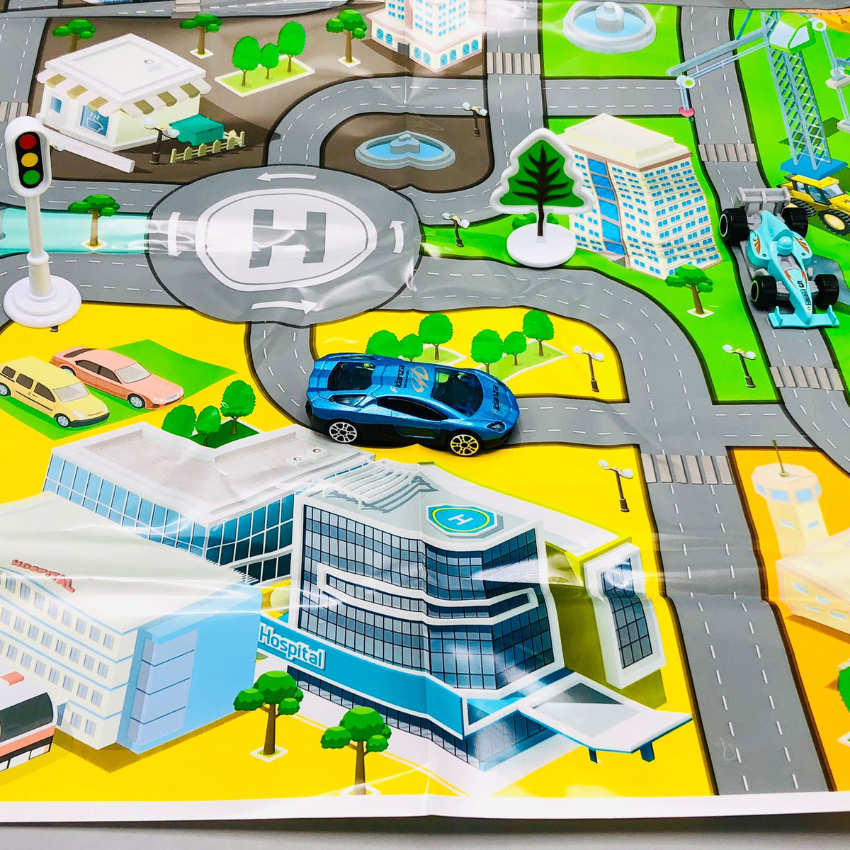 Diecast 8Pcs Traffic Cars With Road Mat & Accessories